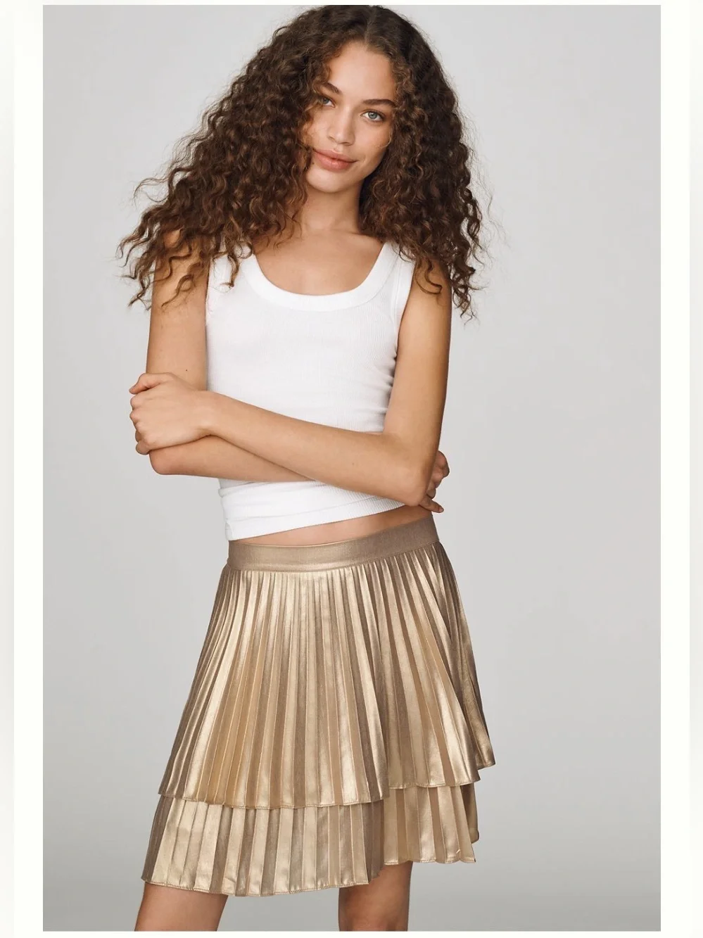 Anthropologie Pleated Skirt Large Tiered Gold Pull On Easy Style Fun Flirty Cute